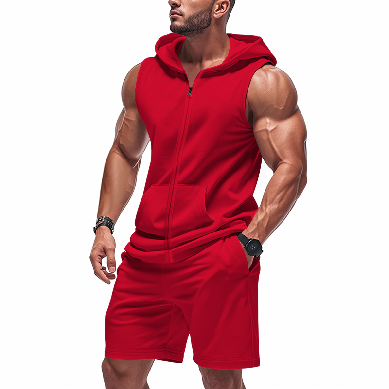 Mens Fashion Zip Up - Herenpak Mouwloze Hoodie Tweedelig Set |